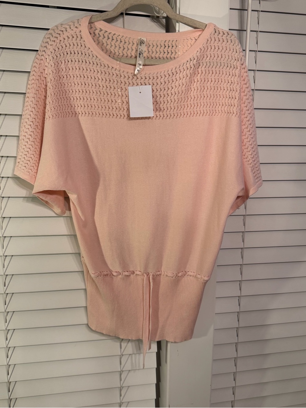 Women’s Lightweight Knit Top - Blush Pink w crochet style detail and drawstring